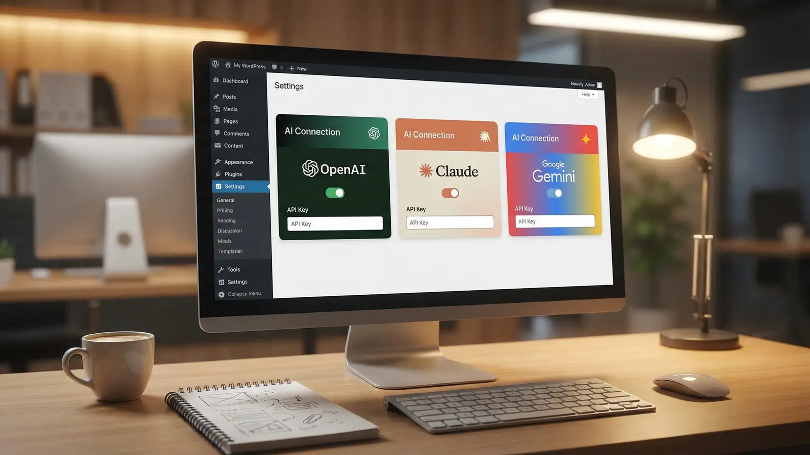 WordPress 7.0 Beta 2 admin arayüzü yeni Connectors sayfasını gösteriyor OpenAI, Claude ve Gemini AI
